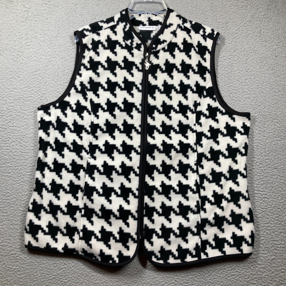 Susan Graver Fleece Vest Womens XL Black White Print Full Zip Pockets Cozycore
